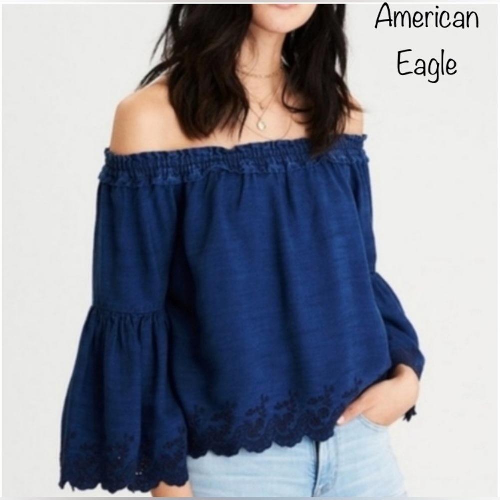 NWT AMERICAN EAGLE OUTFITTERS Chambray Bell Sleeve Boho Top XS oversized fit